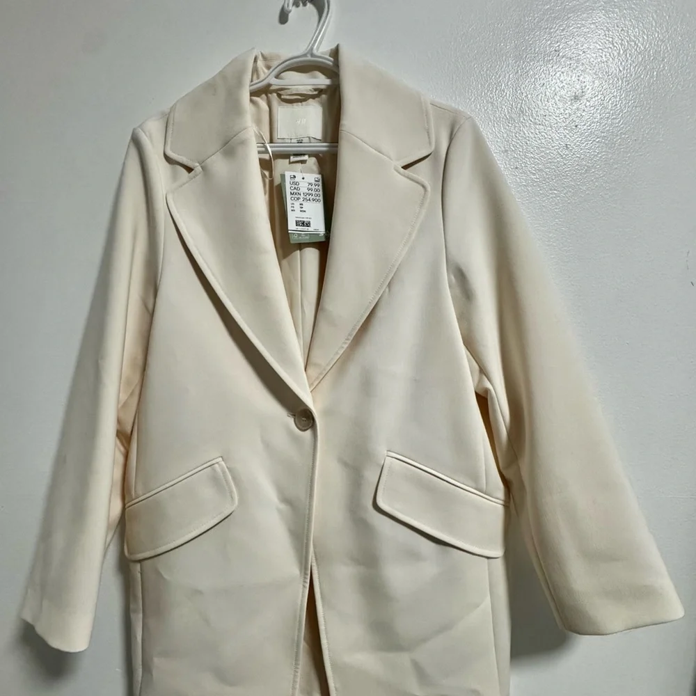H&M Cream Longline Blazer Coat XS | Business Casual Light Academia Jacket - Picture 3 of 6